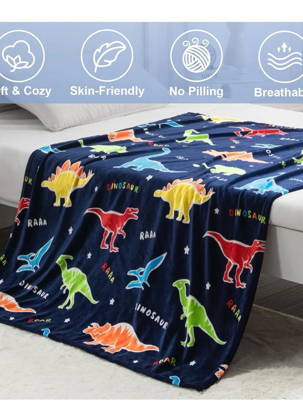 Kids Navy Blue Dinosaur Pajama Blanket - Vibrant Multi-Color Dinosaurs NWT